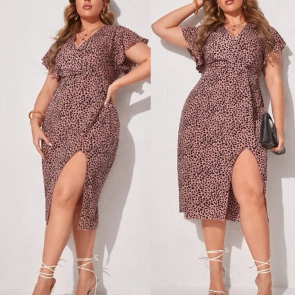 Boho Dalmatian print butterfly sleeve slit thigh dress - Picture 5 of 6